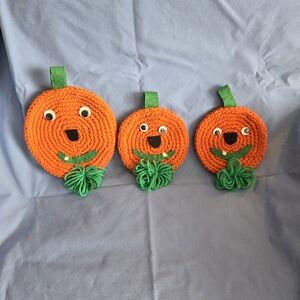 3 Knitted & Decorated Halloween Pumpkins 🎃 Free Small Basket, Great for Fall!
